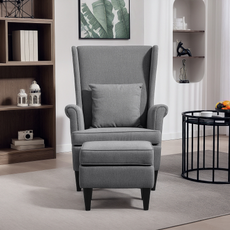  Fotoliu de Sufragerie din Material Textil cu Taburet, Spatar inalt si Perna, Gri [7]