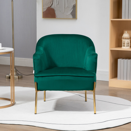 Fotoliu dormitor din material textil cu efect catifea  cu picioare din otel auriu, 62x69x75 cm, verde [5]