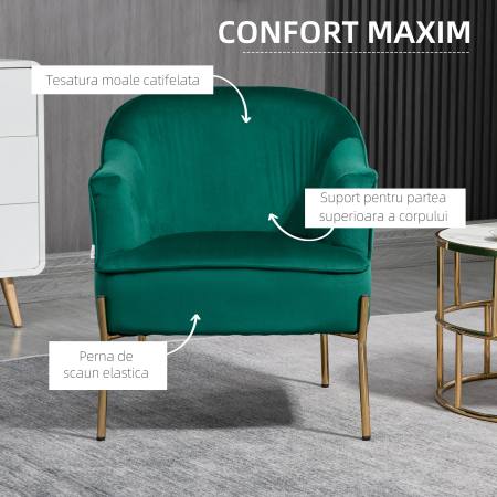Fotoliu dormitor din material textil cu efect catifea  cu picioare din otel auriu, 62x69x75 cm, verde [3]