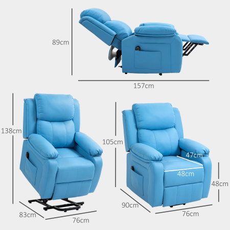 Fotoliu Electric Reclinabil cu Functie de Ridicare, Suport pentru Picioare si Telecomanda, din Piele PU, 76x90x105 cm, Albastru [2]