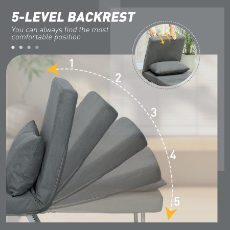  Fotoliu Extensibil 3 in 1 cu Spatar Reglabil pe 5 Nivele, din Material cu Efect de In, 73x78x81 cm, Gri inchis [4]