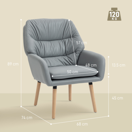  Fotoliu Modern pentru Camera cu Spatar inalt si Tapiterie Dubla, Material cu Efect de Piele, Gri [2]