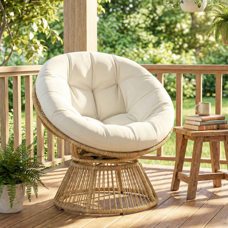  Fotoliu Papasan Rotativ 360° Moon Chair cu Perna pentru Interior/Exterior, Crem Alb [1]