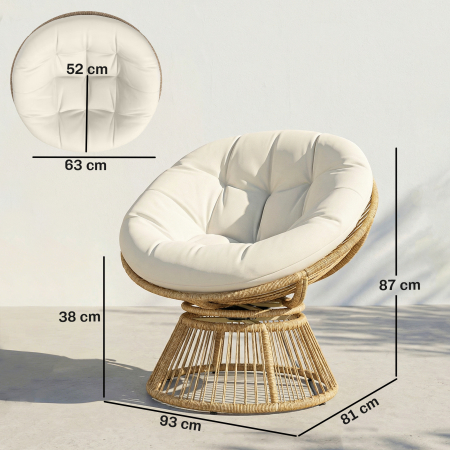  Fotoliu Papasan Rotativ 360° Moon Chair cu Perna pentru Interior/Exterior, Crem Alb [2]