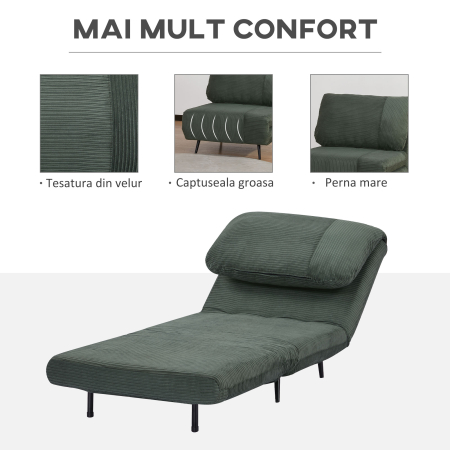  Fotoliu Pat 2 in 1 reglabil pe 3 niveluri cu sezut foarte mare si captuseala din spuma, structura din lemn, otel si efect catifea verde [5]
