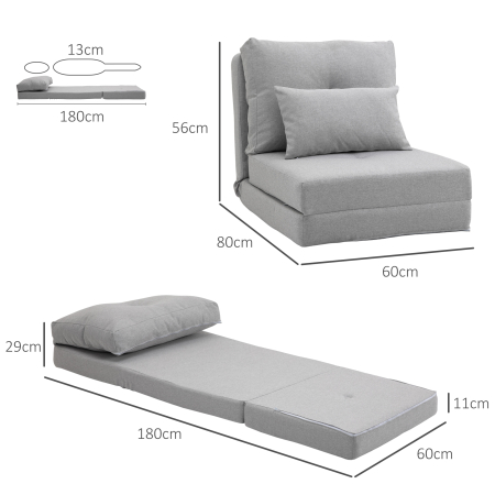  Fotoliu Pat 3 in 1 Convertibila in sezlong si Divan de Pe Podea cu 2 Perni, Gri Deschis [2]