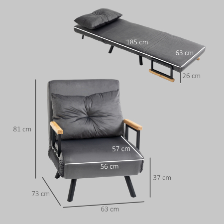  Fotoliu Pat 3 in 1 cu Spatar Rabatabil in 5 pozitii si Perna, 63x73x81 cm, Gri inchis [2]