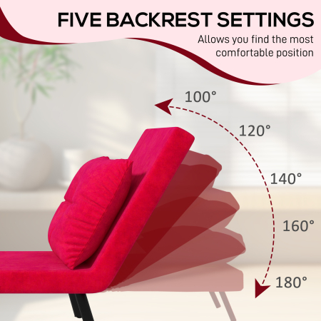  Fotoliu Pat 3 in 1 cu Spatar Rabatabil si Perna, din Material Catifelat, 63x73x81 cm, Rosu [4]