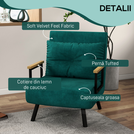  Fotoliu Pat 3 in 1 cu Spatar Reglabil in 5 Pozitii si Perna, 63x73x81 cm, Verde [5]