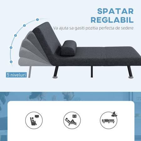  Fotoliu Pat 3 in 1 cu Spatar Reglabil pe 5 Nivele si Perna, Canapea Pat Pliabila, 75x70x75 cm, Gri inchis [3]