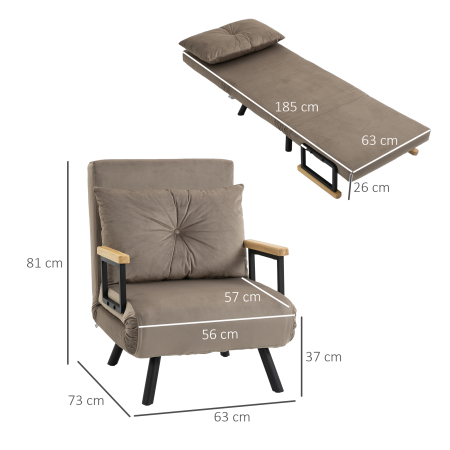  Fotoliu Pat 3 in 1 cu Spatar Reglabil pe 5 Niveluri si Perna, 63x73x81 cm, Gri [2]
