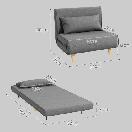  Fotoliu Pat 3 in 1 cu Spatar Reglabil pe 6 Nivele si Perna, Canapea Pat Pliant, 94x78x80 cm, Gri [2]