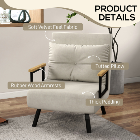  Fotoliu Pat 3 in 1 cu Spatar Reglabil si Perna, din Material cu Efect de Catifea, 63x73x81 cm, Crem [5]