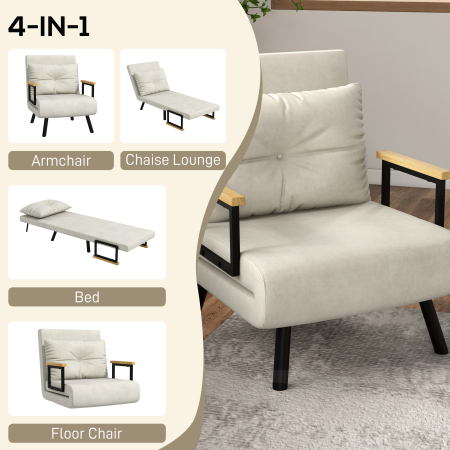  Fotoliu Pat 3 in 1 cu Spatar Reglabil si Perna, din Material cu Efect de Catifea, 63x73x81 cm, Crem [3]