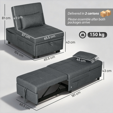  Fotoliu Pat de O Persoana Fotoliu Rabatabil 4-in-1, Gri [2]