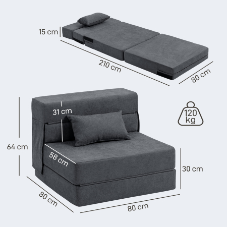  Fotoliu Pat Single Pliabil Modern, Fotoliu de Podea Economisitor de Spatiu Convertibil in sezlong si Saltea, Pat pentru Sufragerie, Living si Birou, 80x80x64 cm, Gri inchis [2]