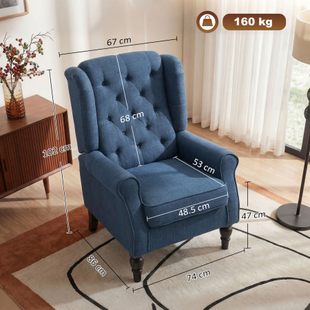  Fotoliu pentru Living in Stil Francez cu sezut Confortabil si Perne, Catifea, 74x86x102 cm, Albastru [2]