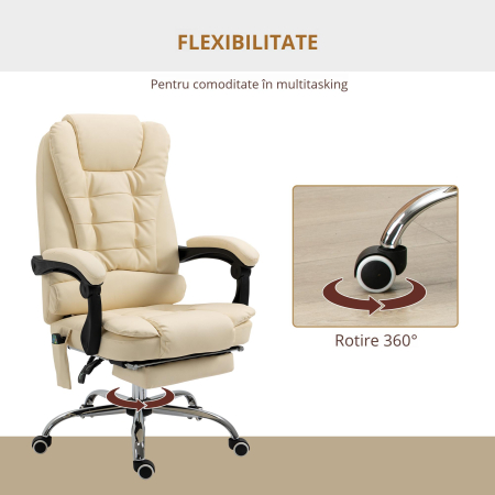  Fotoliu pentru Masaj Pivotant si Ergonomic cu Inaltime Reglabila cu 6 Puncte de Vibratie, 65x160x104 cm, Crem [3]