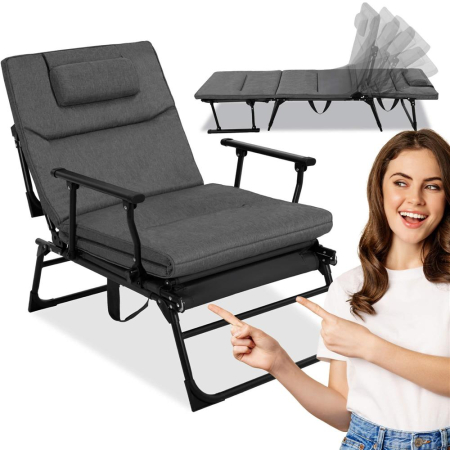 Fotoliu pliabil 2 in 1 tip sezlong, cu 5 pozitii, structura metalica si saltea inclusa, 180x58x89 cm, gri [6]