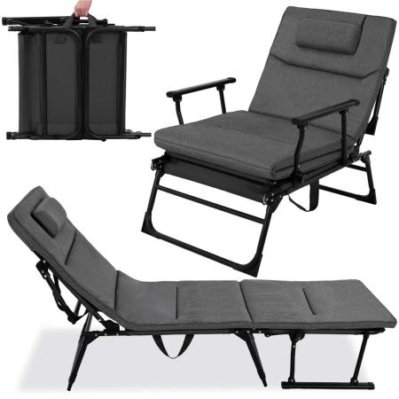 Fotoliu pliabil 2 in 1 tip sezlong, cu 5 pozitii, structura metalica si saltea inclusa, 180x58x89 cm, gri [4]