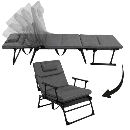 Fotoliu pliabil 2 in 1 tip sezlong, cu 5 pozitii, structura metalica si saltea inclusa, 180x58x89 cm, gri [24]