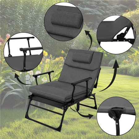 Fotoliu pliabil 2 in 1 tip sezlong, cu 5 pozitii, structura metalica si saltea inclusa, 180x58x89 cm, gri [22]
