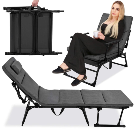 Fotoliu pliabil 2 in 1 tip sezlong, cu 5 pozitii, structura metalica si saltea inclusa, 180x58x89 cm, gri [3]