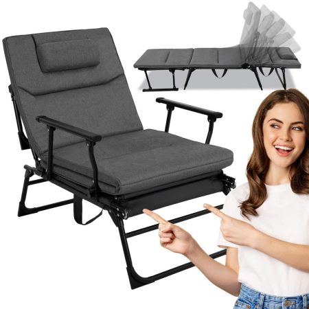 Fotoliu pliabil 2 in 1 tip sezlong, cu 5 pozitii, structura metalica si saltea inclusa, 180x58x89 cm, gri [5]