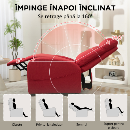  Fotoliu Rabatabil Manual cu Suport pentru Picioare din Material Textil cu Efect de In, 69x85x100 cm, Rosu Vin [3]