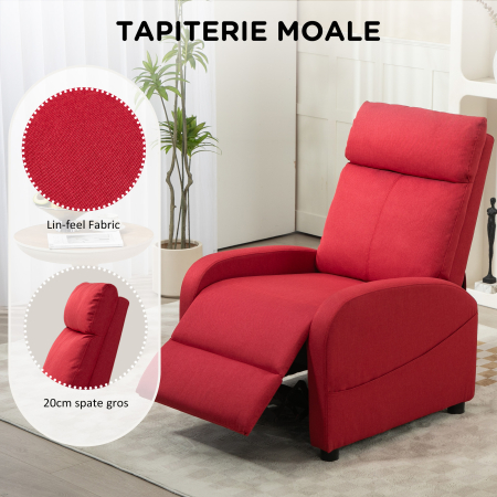  Fotoliu Rabatabil Manual cu Suport pentru Picioare din Material Textil cu Efect de In, 69x85x100 cm, Rosu Vin [4]