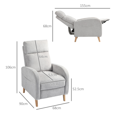  Fotoliu Reclinabil 150° cu suport pentru picioare, din Material Textil cu Efect de In, 68x90x106 cm, Gri Deschis [2]