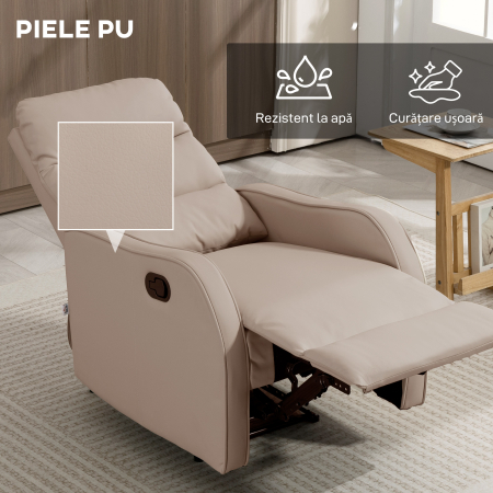  Fotoliu Reclinabil 160° cu Suport pentru Picioare, din Piele PU, Lemn si Otel, 65x89x100 cm, Maro Deschis [5]