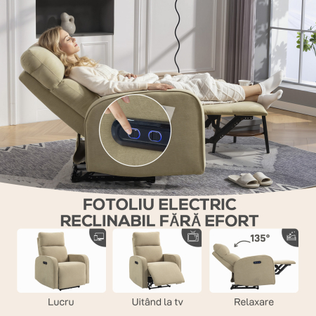  Fotoliu Reclinabil Electric din Catife cu Suport pentru Picioare, Tetiera Reglabila si Porturi, 80x93x103 cm, Bej [3]