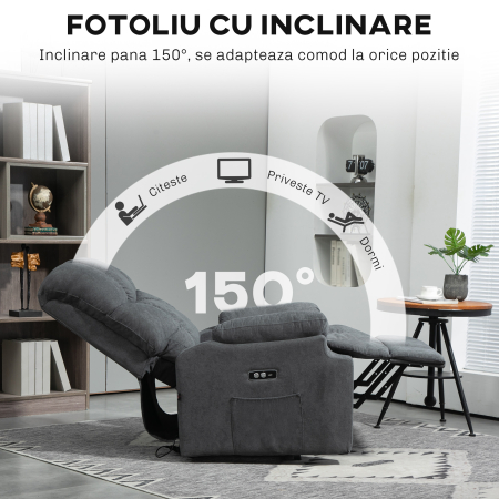 Fotoliu reclinabil pentru ridicare, cu suport pentru picioare, din material textil cu efect de in, 84x96x100 cm, gri inchis [5]