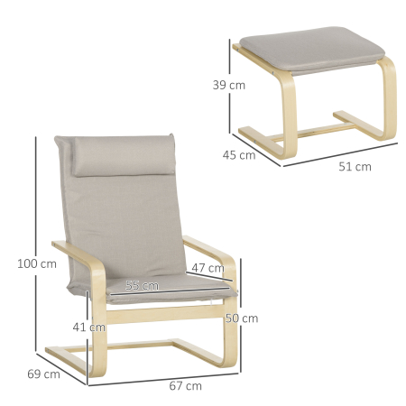  Fotoliu Relax cu suport pentru picioare, fotoliu din lemn si tesatura cu efect de in cu perna pentru tetiera, 67x69x100cm, gri [2]