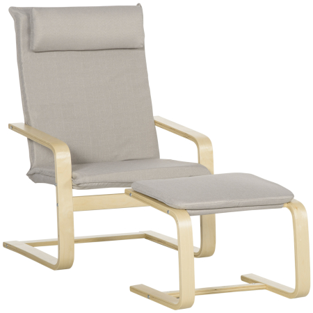 Scaune bucatarie & living -  Fotoliu Relax cu suport pentru picioare, fotoliu din lemn si tesatura cu efect de in cu perna pentru tetiera, 67x69x100cm, gri
