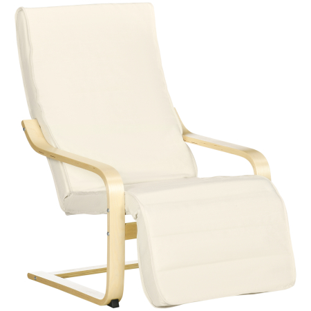 Mobila bucatarie -  Fotoliu Relax cu Suport pentru Picioare Reglabil pe 5 Niveluri si Tetiera, Cadru din Lemn de Mesteacan si tesatura, 66,5x94x100 cm, Crem