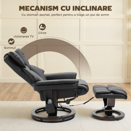 Fotoliu Relax cu Taburet Suport pentru Picioare si Functie de Masaj, Rabatabil la 145° si Rotativ la 360°, Negru [4]