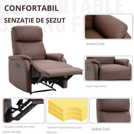  Fotoliu Relax Manual cu Spatar Reclinabil - Piele Sintetica Maro [4]