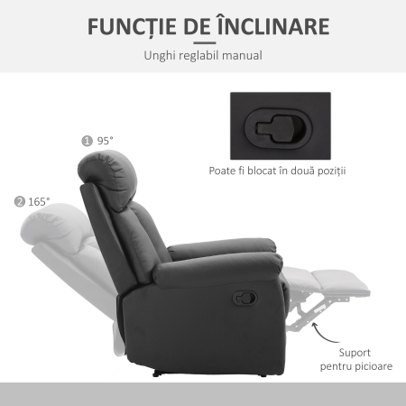  Fotoliu Relax Rabatabil cu Captuseala Ergonomica cuTaburet in Piele Ecologica,80 × 97 × 107cm Negru [3]