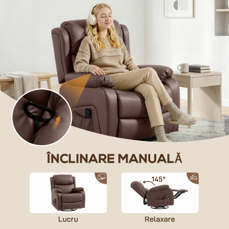  Fotoliu Relax Reclinabil cu 8 Puncte de Masaj, incalzire si Suport pentru Picioare, 87x97x100 cm, Maro [4]