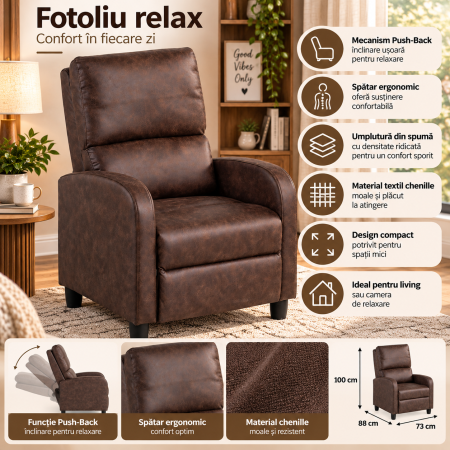 Fotoliu relax recliner cu mecanism Push-Back pentru inclinarea spatarului si o pozitie confortabila de odihna, tapiterie moale din chenille, sezut cu [9]