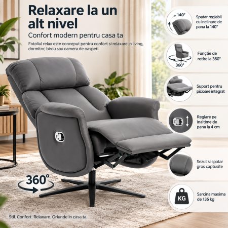 Fotoliu relax recliner rotativ 360°, cu spatar reglabil si inclinare, suport picioare extensibil automat la inclinare, tapiterie textila cu aspect de [8]