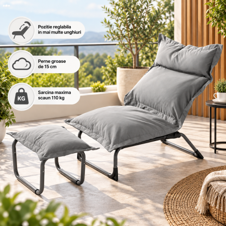 Fotoliu relax reglabil cu taburet pentru picioare, set 2 piese pentru gradina si balcon, pozitie de sezut ajustabila, perne extra groase de 15 cm pent [8]