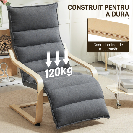  Fotoliu Relaxant din Lemn cu Tapiserie din Catifea si Suport pentru Picioare Reglabil, Gri inchis [6]