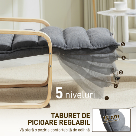  Fotoliu Relaxant din Lemn cu Tapiserie din Catifea si Suport pentru Picioare Reglabil, Gri inchis [4]