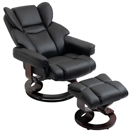  Fotoliu Relaxant si Puf, Reclinabil la 145° cu Scaun Rotativ din Piele Ecologica, Negru [8]