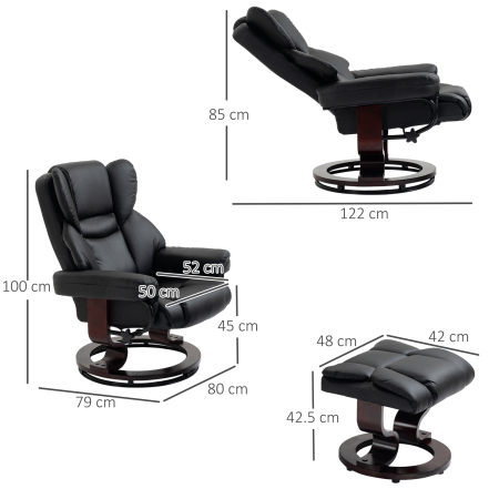  Fotoliu Relaxant si Puf, Reclinabil la 145° cu Scaun Rotativ din Piele Ecologica, Negru [2]