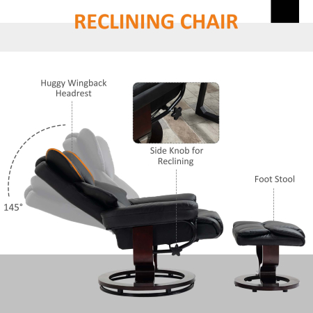  Fotoliu Relaxant si Puf, Reclinabil la 145° cu Scaun Rotativ din Piele Ecologica, Negru [3]