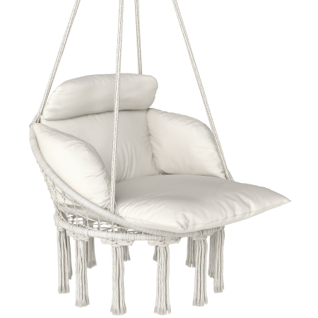 Mobilier gradina si terasa -  Fotoliu Suspendat de Exterior in Stil Boho cu Franjuri, Perna, Corzi si Inele, 80x60x40 cm, Crem